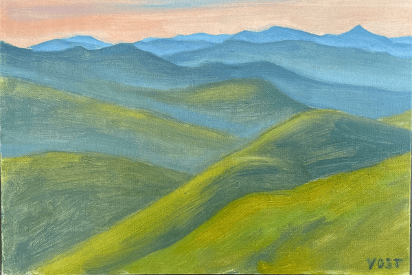Landscape painting of the blue ridge mountains at dusk.