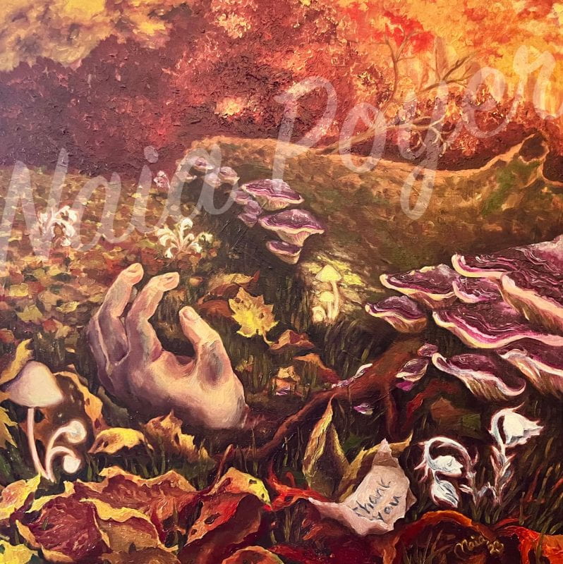 A vibrant fall scene in a woodland clearing by a fallen log covered in purple oyster mushrooms. Next to the log, surrounded by autumn leaves, glowing mushrooms, and Ghost Pipe plants, a partly-buried human hand emerges from the dirt next to a torn piece of paper reading "Thank You."