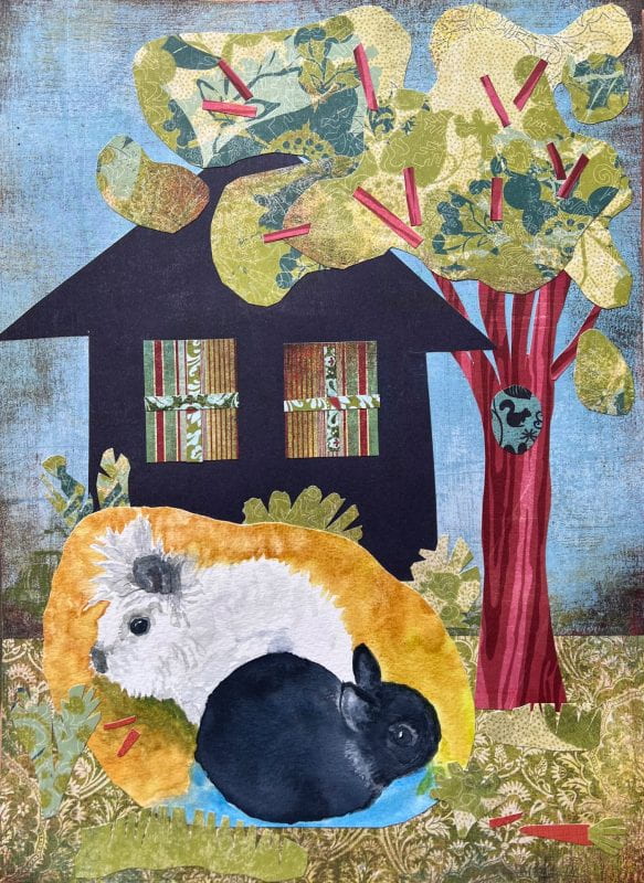 Mixed media artwork with watercolor of two rabbits, one very fluffy and white and the other one short haired and black with collaged papers in background of house, plants and tree.