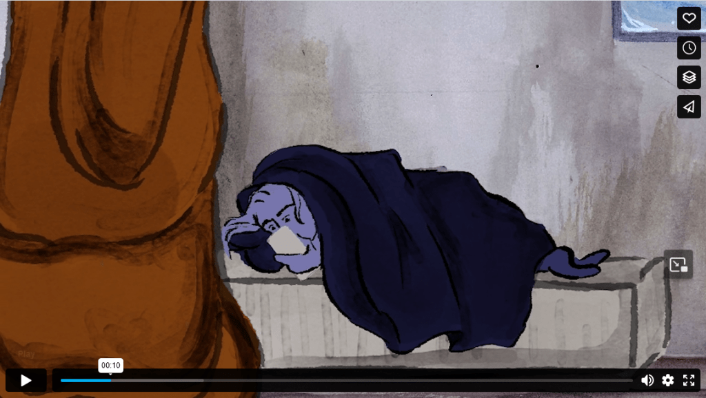 Still of a video from Vimeo, with the video player buttons visible around the screen. The still portrays a blue woman huddles under a blanket on her bed, scrolling through her phone.