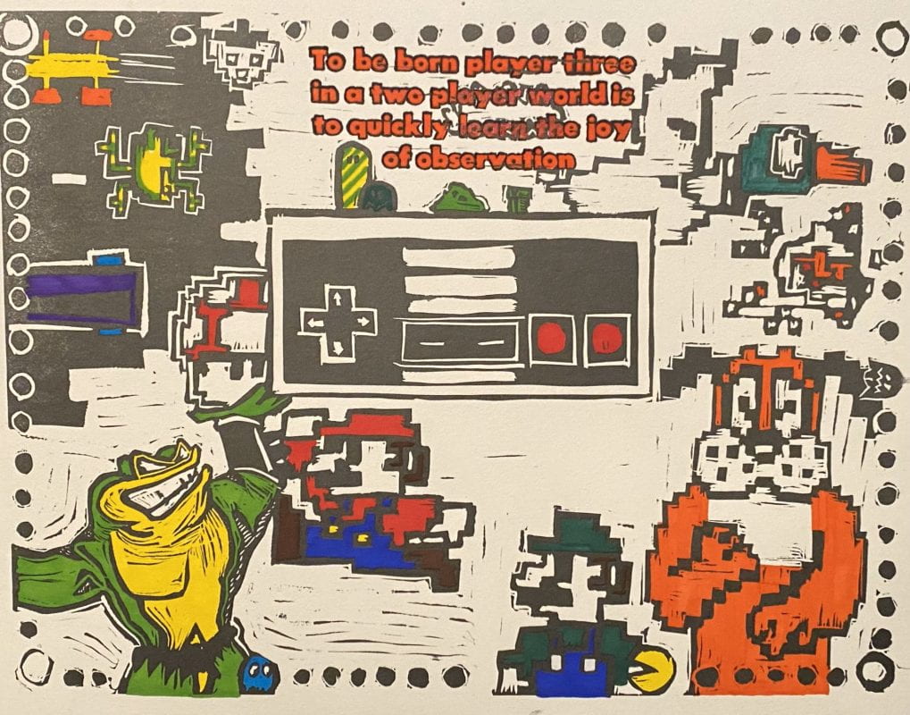 A print paying homage to classic nintendo, it has frogger (a little yellow and green frog) crossing the road as cars and trucks zoom by, one of the battletoads from the album art holding a mushroom. Directly below the controller are mario and luigi and the bottom right corner is the dog from duck hunt with a duck soaring over his head