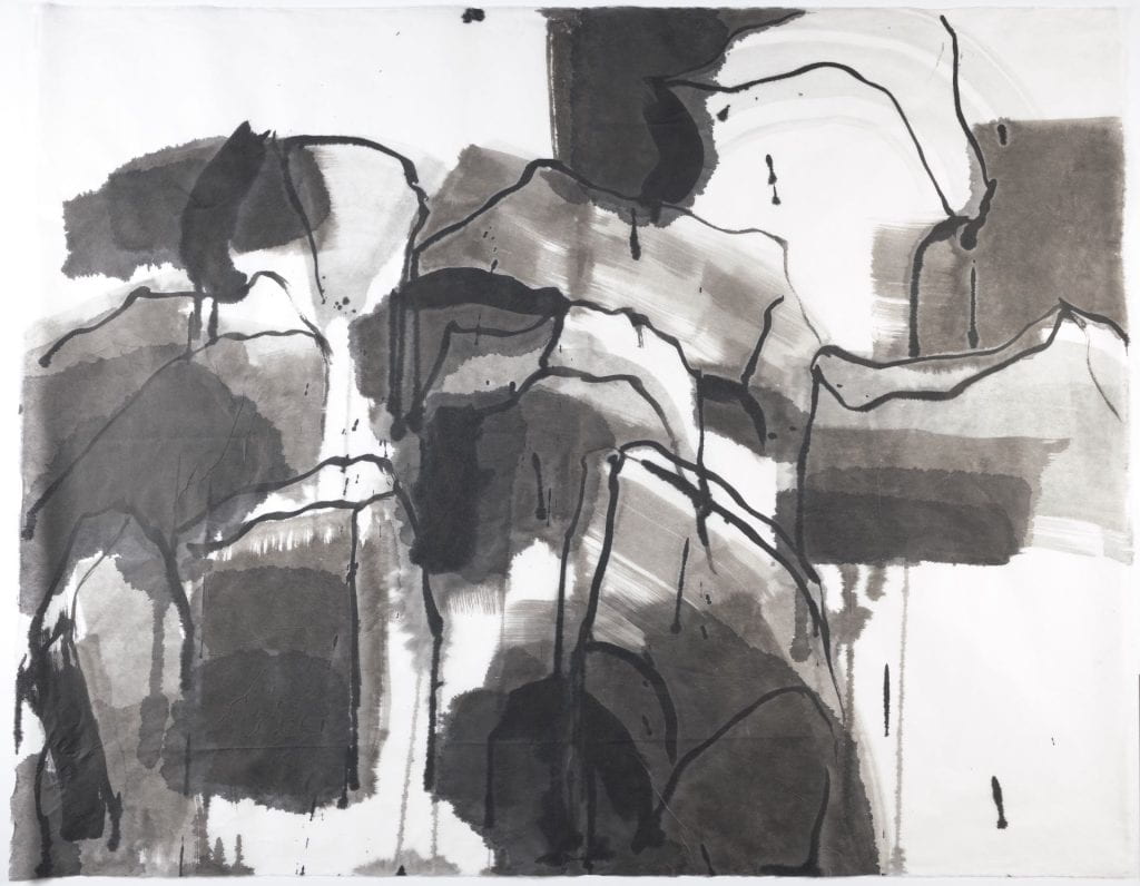 Drippy ink drawing of rocks in water made with broad brushstrokes in tones from light gray to black on 40" x 50" warm white translucent Japanese paper.