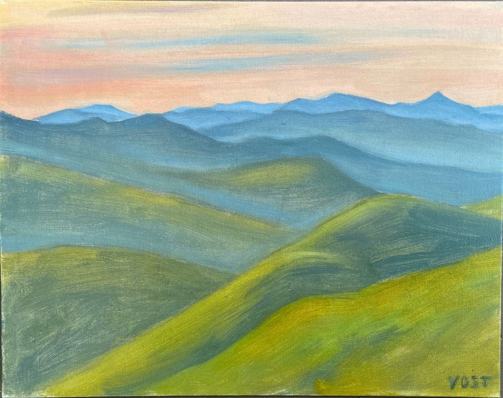 11"x14" landscape painting of the blue ridge mountains at dusk.