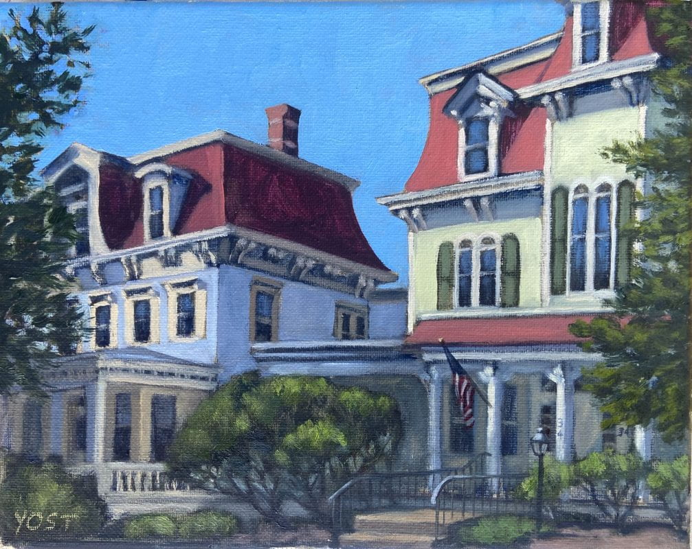 8"x10" plein air painting of two Victorian style houses.