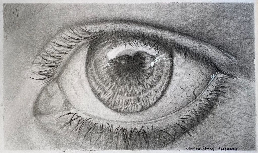 Sketch of one human eye looking forward in greyscale. Close-up, with strokes revealing multiple eyelashes, the frolic shapes inside the pupil, and the tiny veins inside the white of the eye.