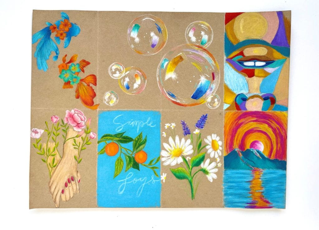 A zine with each panel depicting an orange branch, a bouquet of flowers, a sunset behind mountain ranges, a face, bubbles, and a pair of hands holding each other with flowers growing from forearms.