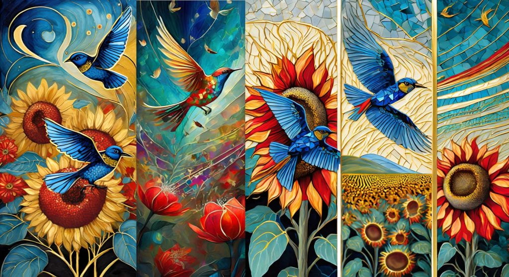 Five vertical panels of brilliant red and blue birds flying above and in front of poppies and sunflowers. The swirls of color in the sky and the feathers of the birds are outlined in a way reminiscent of stained glass.