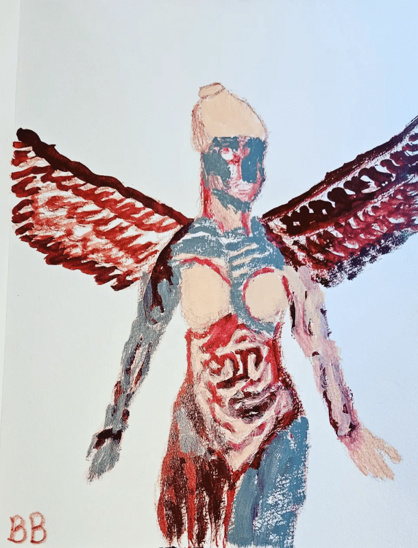 An angelic figure with blurry features extends their hands down with palms facing open in the front. Their wings, body mid trunk and one of their legs have variants of red to crimson. Grey and beige colors compliment the rest of their body.