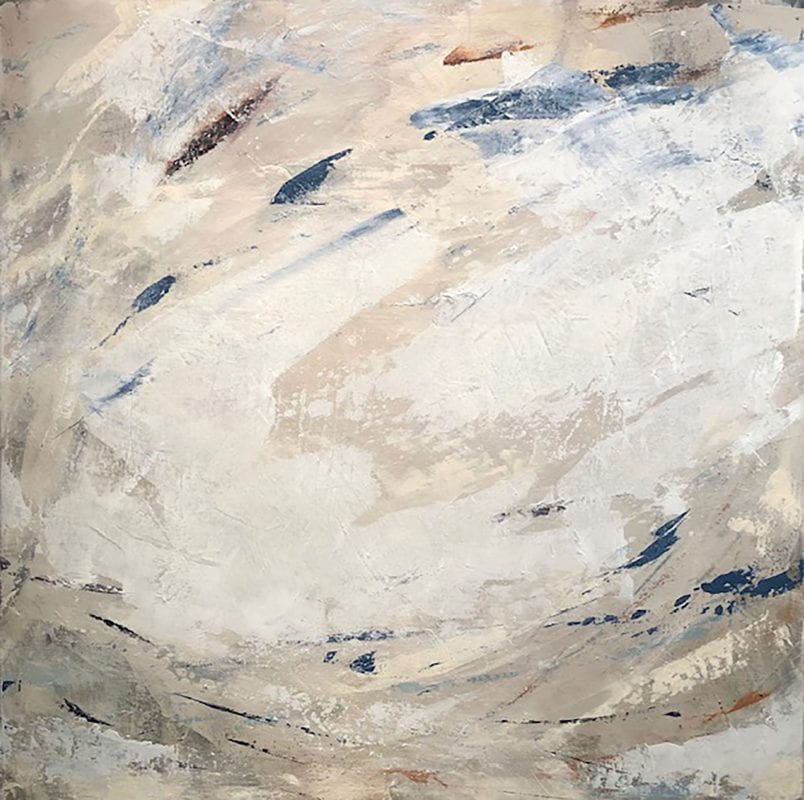 Broad strokes of beige, white, blue and some brown swirl around towards the center.