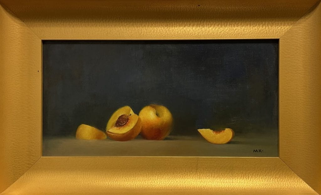Traditional still life painting of peaches against a dark blue background.