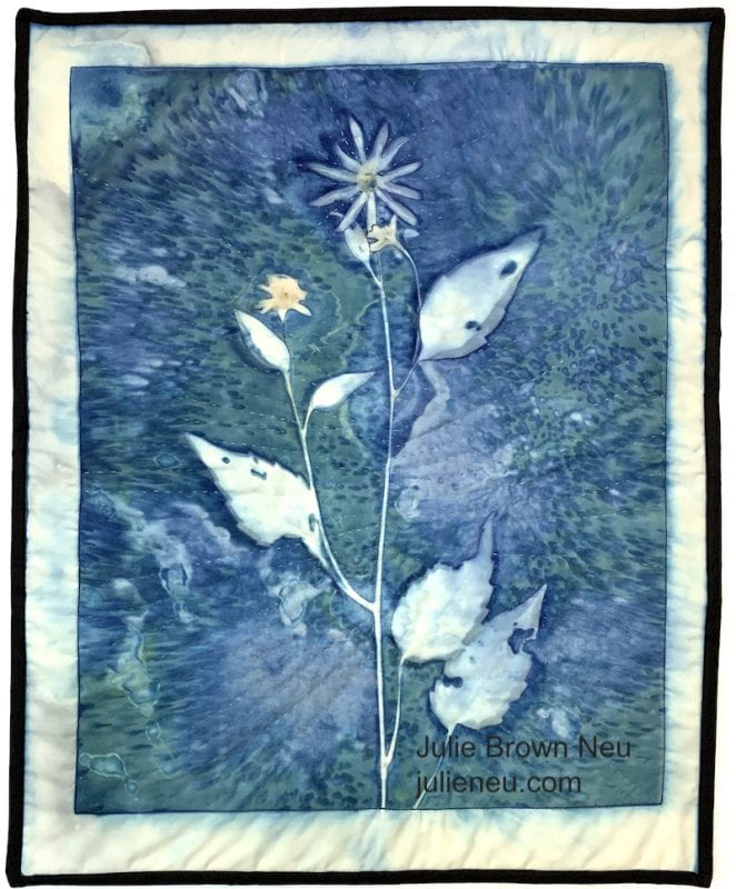 Cyanotype of a white daisy-like flower with leaves and stem on blue background, with quilted lines of thread radiating from the image.