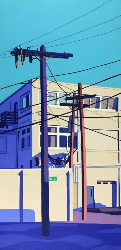 Two utility poles receive the sun, and their brown wood seems orange. There is third pole hit indirectly by the sun and has purple and dark colors. Wires from these poles are dense in the upper part of the painting. Sun-lit facades of buildings and others in the shade are also visible. The colors are bold and high contrast.