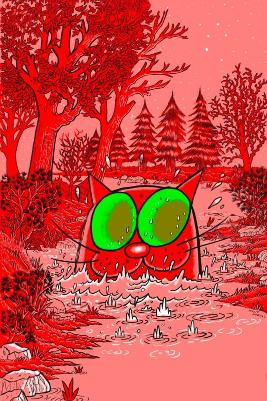 A giant cartoon cat surfaces out of a swamp pool in a pine-tree wilderness. The entire artwork is in shades of red, except for the vivid wide-open green eyes of the cat.