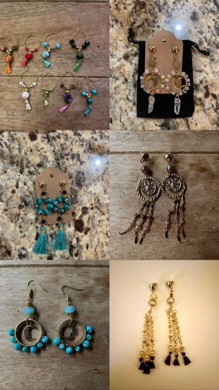 Six images of handmade earrings: a set of eight single hoop earrings with colored beads and tassels, a pair of crystal rings with dangling pendants, a pair of turquoise rings with blue tassels, a pair of silver hoops with dangling chains, a pair of turquoise loops with moon pendants, and a pair of dangling gold chains with black tassels.