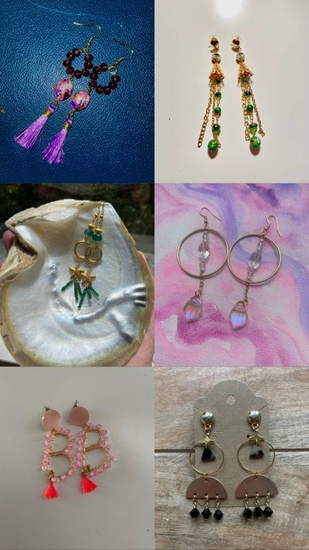 Six photographs of pairs of handmade earrings: one pair with red bead loops and vivid purple tassels, one pair with dangling gold chains and green beads, one pair with aqua beads and gold starfish charms, one with golden hoops and iridescent pink beads, one pair with pink gemstones spelling out the letters BB, and one pair with black beads and bronze circles and semicircles.