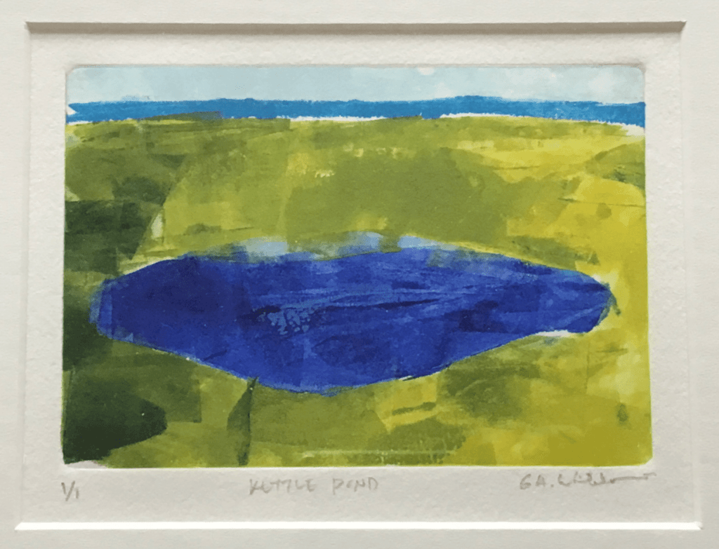 Simple use of blue, azure and light blue color form a pond, the sea in the horizon and the sky. Green, olive, and mustard yellow depict the land around the pond.