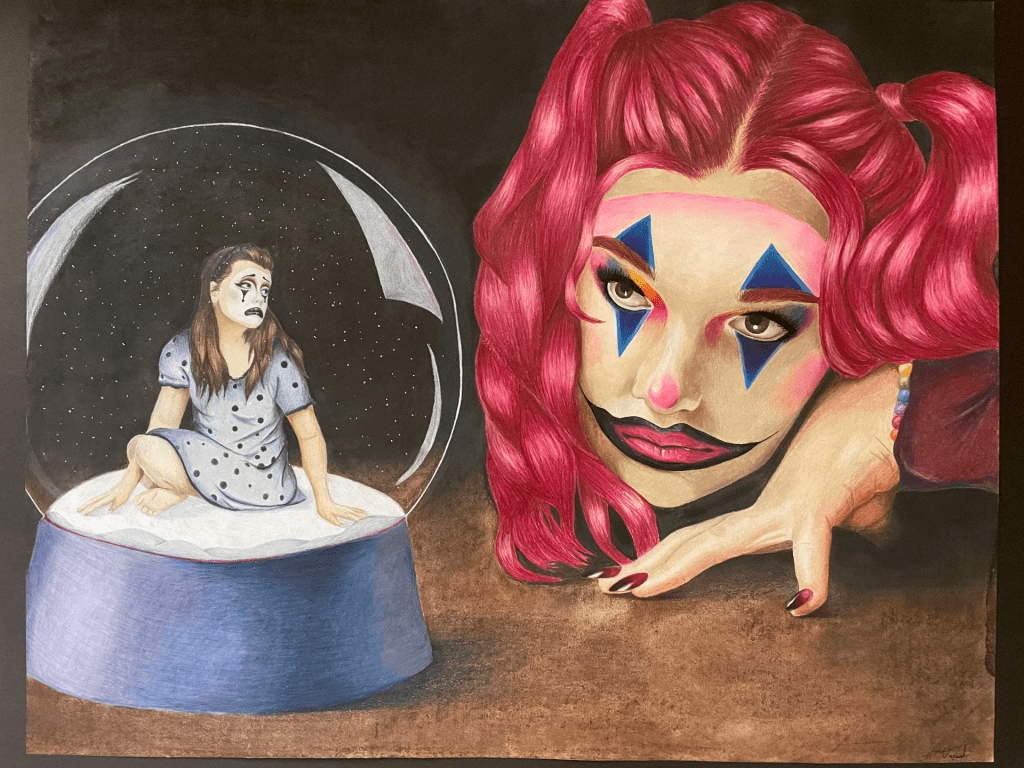 Madison Faraut's "Apprehension" portrays a saddened woman within a glass bubble, gazing at a woman with a clown-like visage, rendered in colored pencil and pastel.