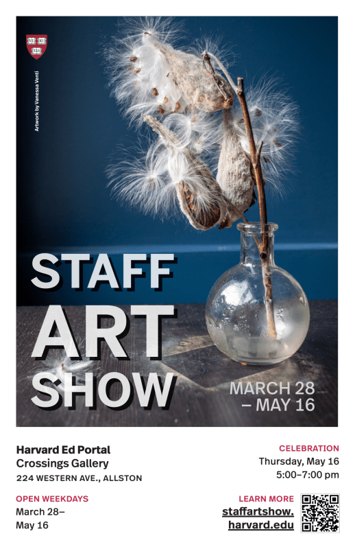 Ed Portal Staff Art Show poster featuring a photo of a stem of three open fluffy milkweed pods in a vase with condensation in it, sitting on a dusty dark brown table against a contrasting dark blue wall.
