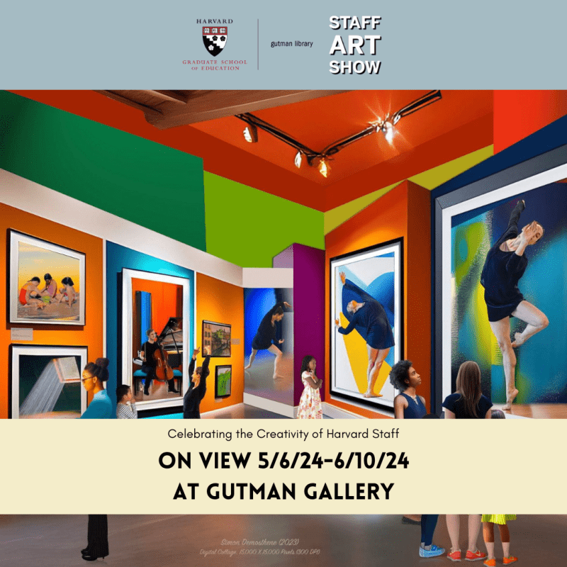 Corner of a colorful gallery hall with a few women and children enjoying the art. A ballet dancer is watched by a child as she performs with her hands in the air. Gallery exhibitions include: a photo of a window with numerous taut strings mimicking rays of light coming in. A painting of three girls playing with sand on a beach. Two hardly visible paintings of buildings and natural landscapes. Photos of the same ballet dancer who is present in the hall in different dance poses. And a photo of the cellist with his instrument who played during the performance from which the photos are from.