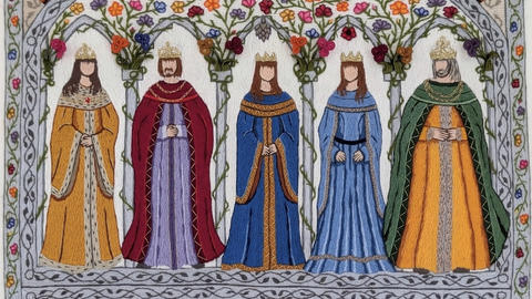 This hand embroidery depicts ten members of a fictitious royal court.