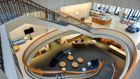 Interior of Countway Library showing the spiral staircase,