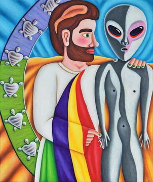 A biblical figure in a white gown and rainbow scarf embraces a grey alien in a desert landscape.