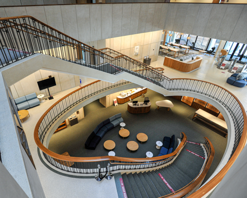 Interior of Countway Library showing the spiral staircase,